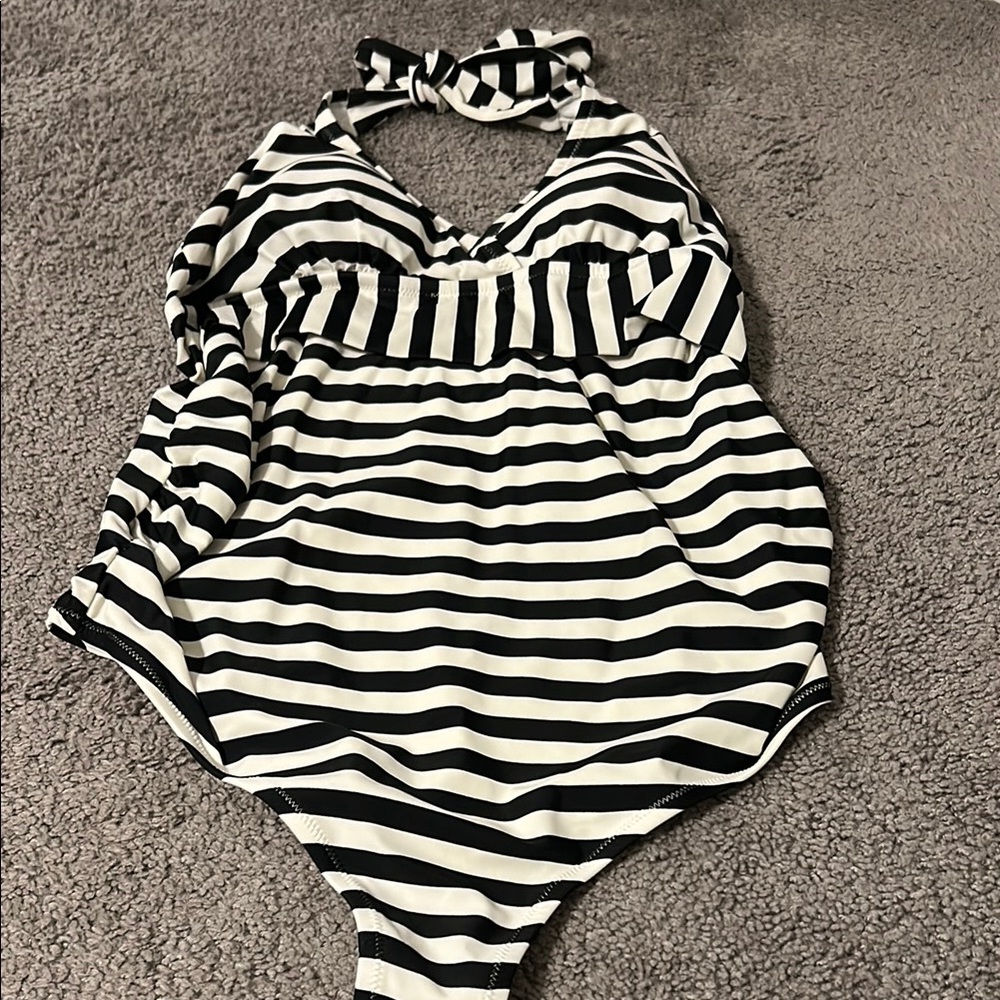 Black and White Striped Halter Swimsuit